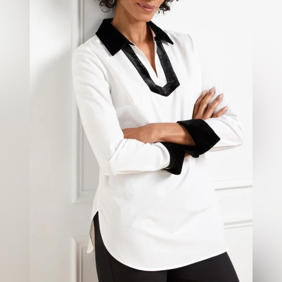 Talbots Velvet Trim Poplin Tunic Top Jeweled Cuffs Size 2X White Black New - Picture 1 of 14